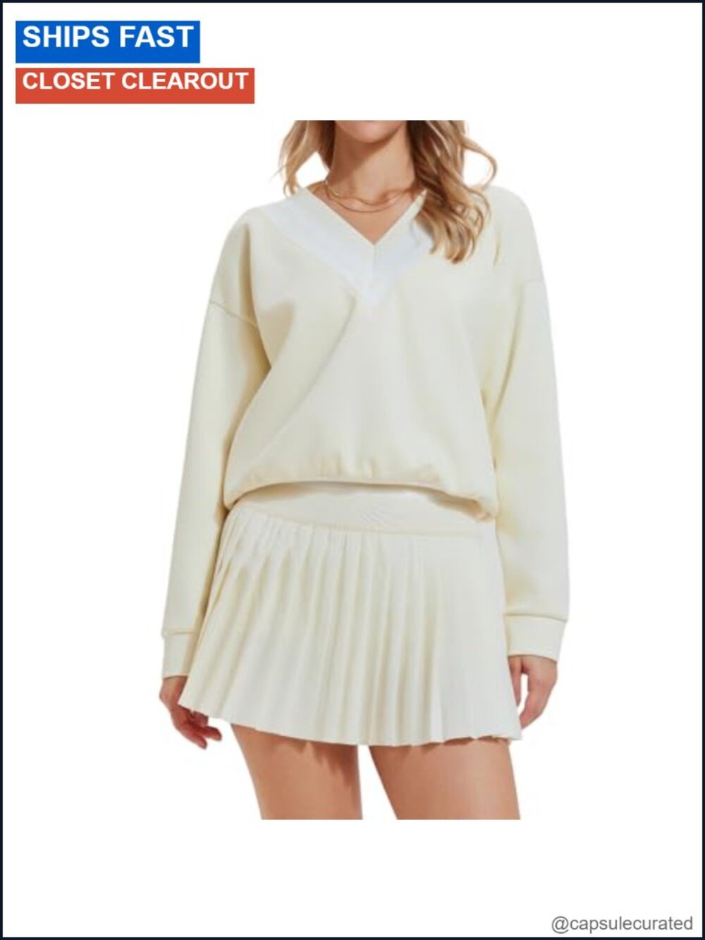 Women's 2-Piece Tennis Skirt Set with Long Sleeve V-Neck Top and High Waisted